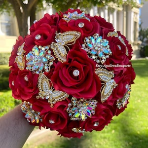 Red Quince Bouquet Red and Gold Bouquet Red and Gold Butterflies Bouquet RedAnd Gold Quince Bouquet Bridal Bouquet Red Quinceañera Bouquet