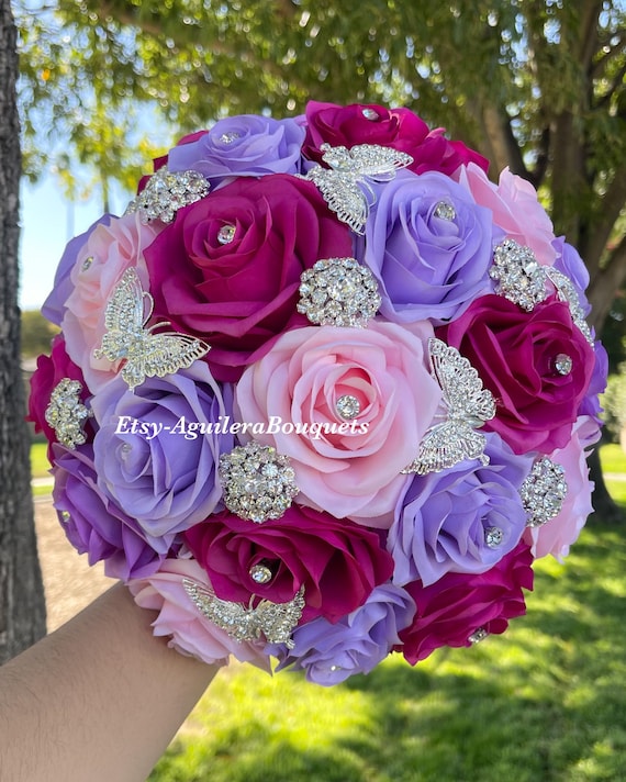 Lilac and Light Pink Quinceañera Bouquet, Butterfly Theme, Lilac and Light  Pink Quince Bouquet, Silver Lilac Bouquet, Lilac and Pink Bouquet 