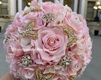 Pink Blush Bouquet, Quinceañera Bouquet, Pink Blush Quince Bouquet, Blush and Gold, Gold Butterfly bouquet, Blush bridal bouquet