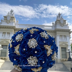 Royal Blue Quinceañera Bouquet, Gold Butterfly Theme, Royal Blue Quince Bouquet, Royal Blue and Gold Bouquet,Royal Blue Bridal Bouquet, Gold image 4