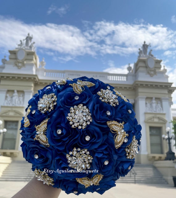 Royal Blue Quinceañera Bouquet, Gold Butterfly Theme, Royal Blue Quince  Bouquet, Royal Blue and Gold Bouquet,royal Blue Bridal Bouquet, Gold 