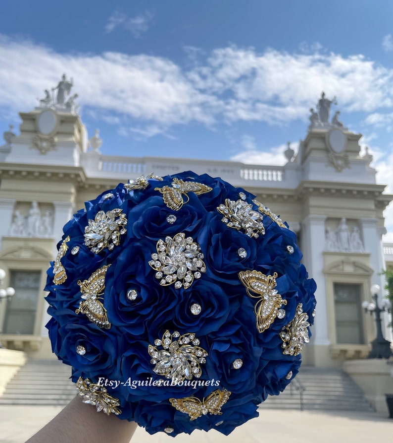 Royal Blue Quinceañera Bouquet, Gold Butterfly Theme, Royal Blue Quince Bouquet, Royal Blue and Gold Bouquet,Royal Blue Bridal Bouquet, Gold image 4
