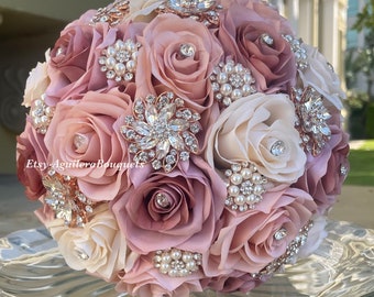 Rose Gold Quince Bouquet, Rose Gold Mauve Quinceañera Bouquet, Dusty Bridal Bouquet, Dusty Rose Blush Bouquet, Dusty Pink Quince Bouquet