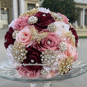 Burgundy Dusty Rose Quince Bouquet, Burgundy Quinceañera Bouquet, Burgundy Bridal Bouquet, Dusty Rose Bridal Bouquet, Rose gold, silver