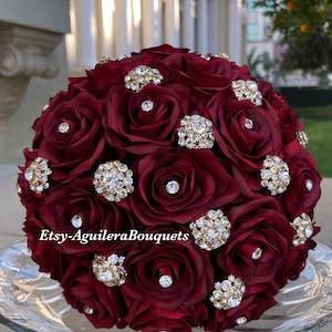 Burgundy Quince Bouquet Burgundy and Gold Bouquet, Burgundy Bridal Bouquet, Burgundy Quinceañera Bouquet, Quince Bouquet, Gold and Burgundy
