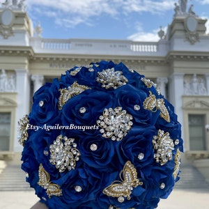 Royal Blue Quinceañera Bouquet, Gold Butterfly Theme, Royal Blue Quince Bouquet, Royal Blue and Gold Bouquet,Royal Blue Bridal Bouquet, Gold image 2