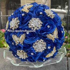 Royal Blue Quinceañera Bouquet, Gold Butterfly Theme, Royal Blue Quince Bouquet, Royal Blue and Gold Bouquet,Royal Blue Bridal Bouquet, Gold image 1