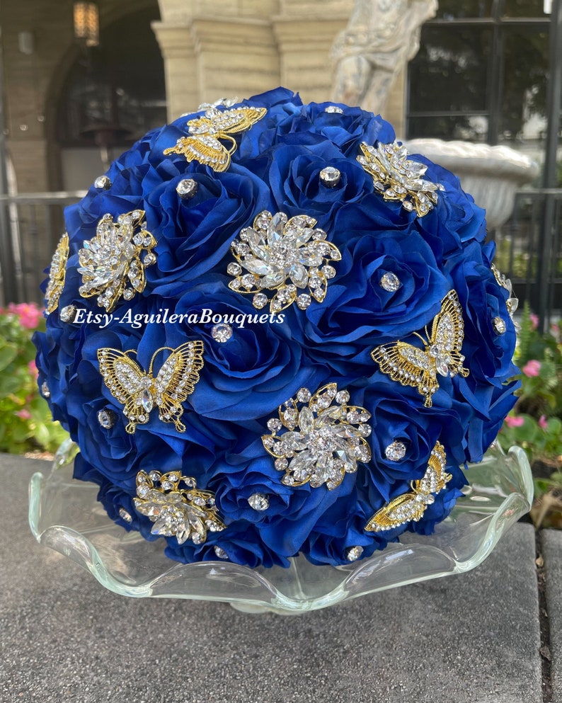 Royal Blue Quinceañera Bouquet, Gold Butterfly Theme, Royal Blue Quince Bouquet, Royal Blue and Gold Bouquet,Royal Blue Bridal Bouquet, Gold image 1
