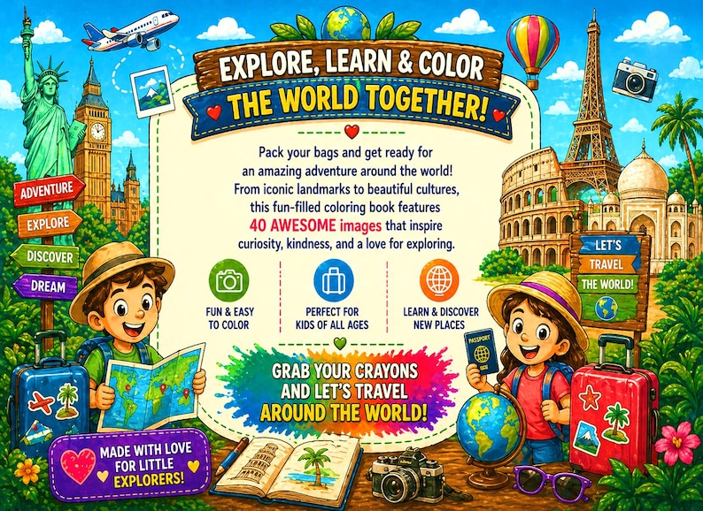 Travel Around the World Coloring Book for Kids | 40 Fun Adventure Pages ...