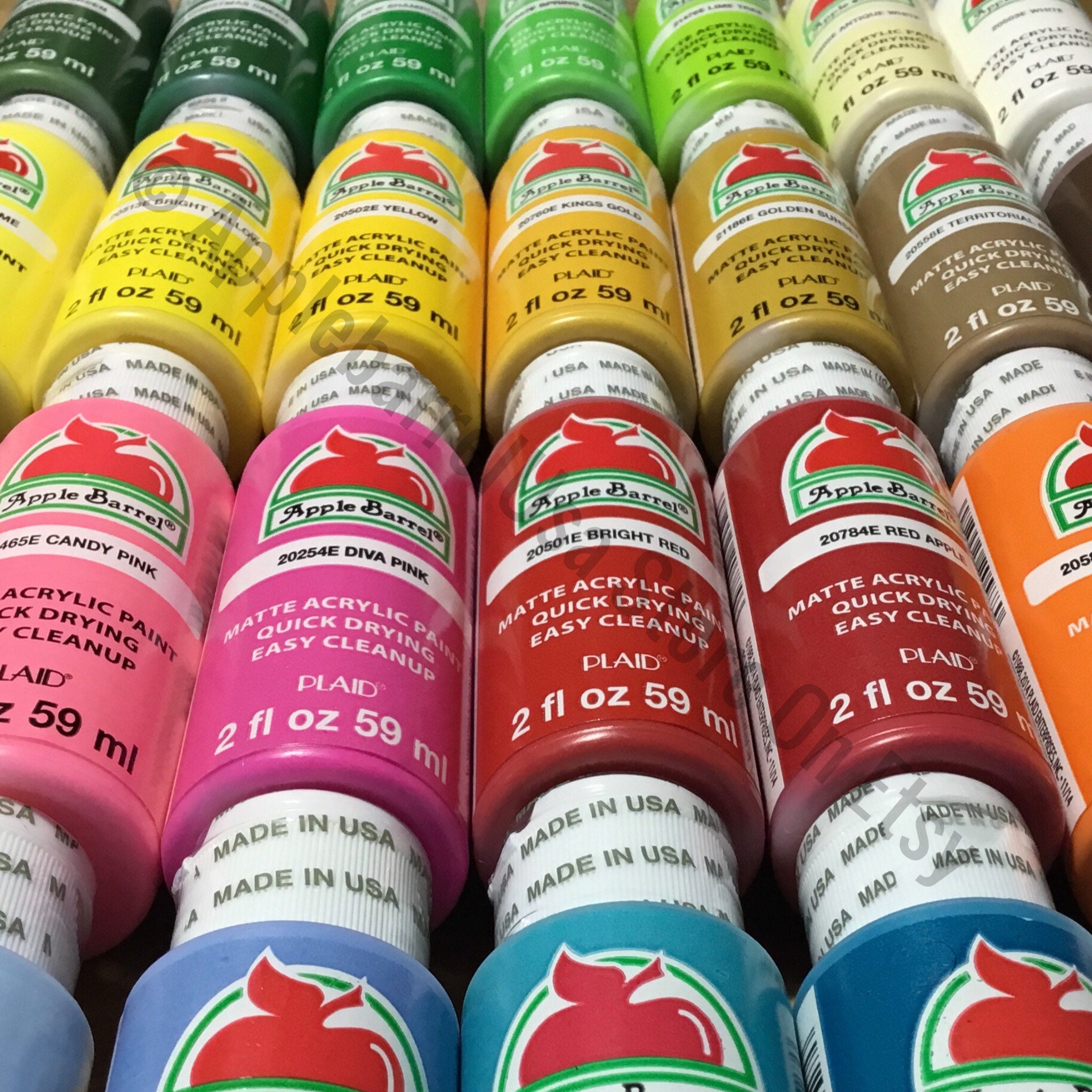 List 1 of 2. Apple Barrel Matte Acrylic Paint 2 Oz. 70 Colors to Choose  From. Sorted A-Z. Buy More & Save on Shipping. 