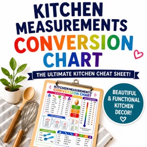 May include: A kitchen measurements conversion chart on a clipboard, with text in rainbow colors. The chart includes dry and liquid measurements, common weights, and oven temperatures. A small potted plant, wooden spoon, and whisk are next to the chart.