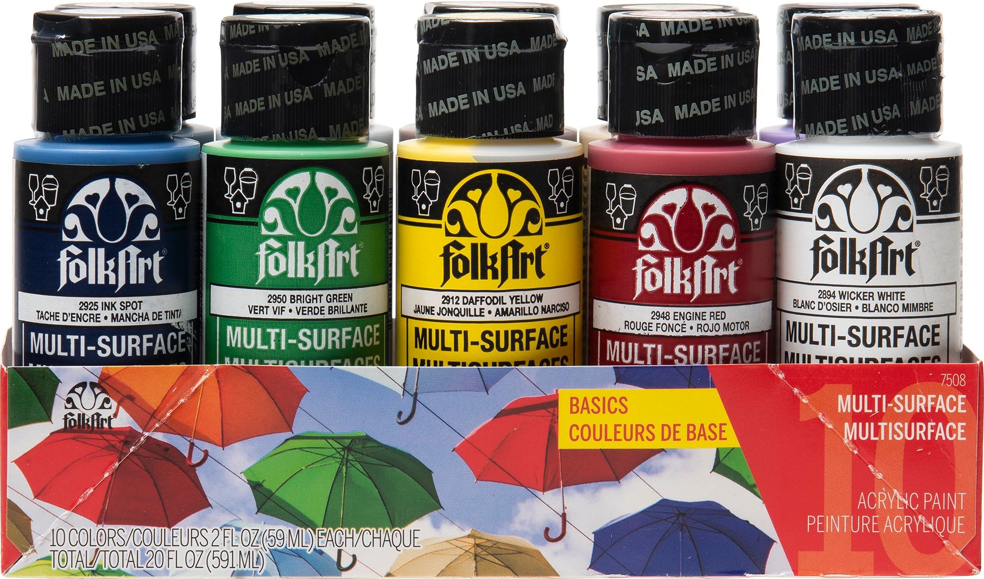 Folkart Multi-surface Acrylic Paint Set, 10 Pack of Basic Colors