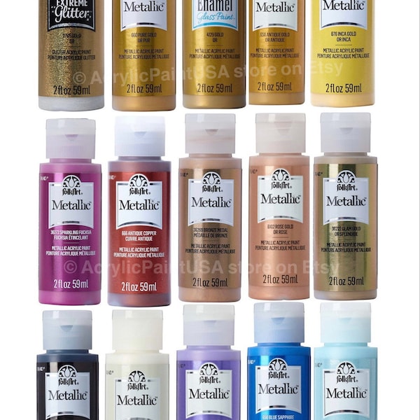 FolkArt Metallic Acrylic Paint in Assorted Golden Colors such as Pure Gold 660, Rose Gold, Antique Gold, Inca.  2 fl oz. Single Bottle