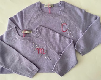 Sequin Initial Cashmere Purple Pullover Sweater - Personalized and Hand Embroidered