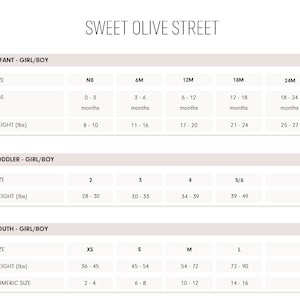 May include: Size chart for infant, toddler, and youth clothing. The chart lists sizes, ages, and weight ranges in pounds. The chart is titled "Sweet Olive Street".