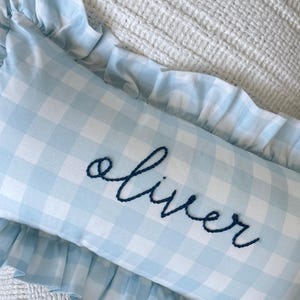 Blue Gingham pillowcase with personalized name- hand embroidered