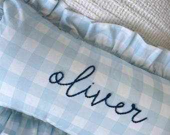 Blue Gingham pillowcase with personalized name- hand embroidered