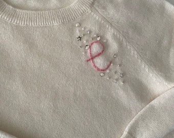 Sequin Initial Cashmere Cream Pullover Sweater - Personalized and Hand Embroidered