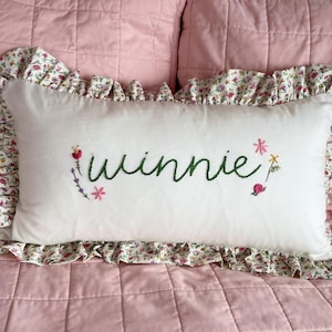 Floral ruffle pillowcase with personalized name- hand embroidered