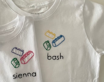 Camiseta de bloques de construcción bordada a mano, regalo de cumpleaños personalizado para niños
