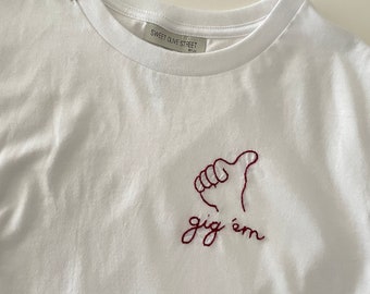 Gig 'Em + Hand Sign T-Shirt - hand embroidered