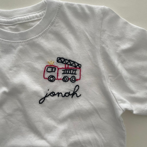 Fire Truck - Personalized Name - Hand Embroidered Tshirt