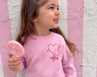 Double the Love - Pink Sweatshirt with hearts and personalized name.  Hand Embroidered
