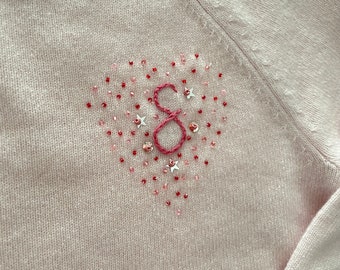 Heart shaped Sequin Initial Cashmere Pink Pullover Sweater - Personalized and Hand Embroidered