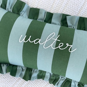 Green Striped Ruffle pillowcase with personalized name- hand embroidered