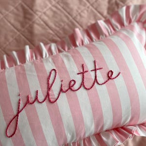 Pink Striped ruffle pillowcase with personalized name- hand embroidered