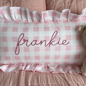 Pink Gingham check print ruffle pillowcase with personalized name- hand embroidered