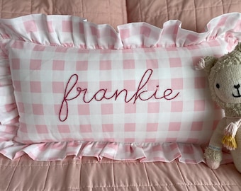 Pink Gingham check print ruffle pillowcase with personalized name- hand embroidered
