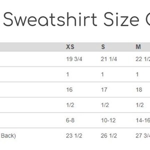 May include: A white size chart for youth sweatshirts. The chart includes measurements for body length, body width, and sleeve length in inches, along with size ranges (US). Sizes range from XS to XL.
