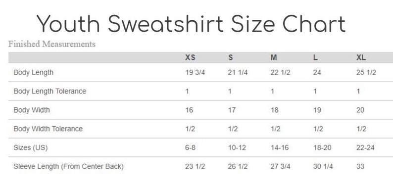 May include: A white size chart for youth sweatshirts. The chart includes measurements for body length, body width, and sleeve length in inches, along with size ranges (US). Sizes range from XS to XL.