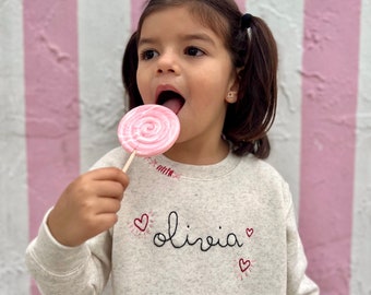 Valentines personalized name sweatshirt with hearts - hand embroidered - cream color