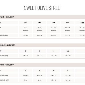 May include: Size chart for infant, toddler, and youth clothing. The chart lists sizes, ages, and weight ranges in pounds. The chart is titled "Sweet Olive Street".