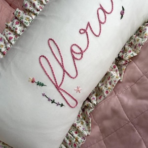 Floral ruffle pillowcase with personalized name- hand embroidered image 3