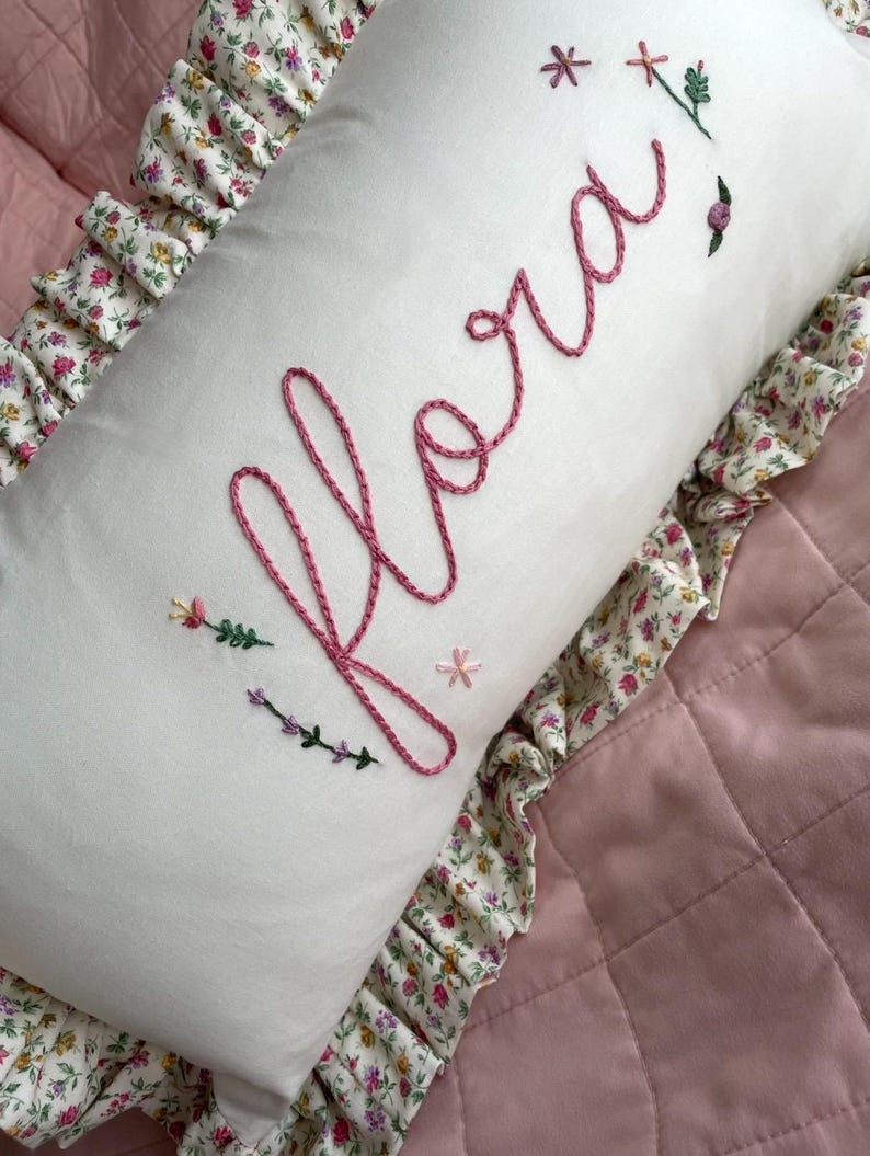 Floral ruffle pillowcase with personalized name- hand embroidered image 3