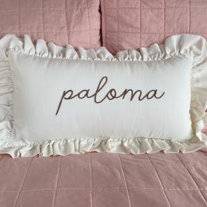 Cream Ruffle pillowcase with personalized name- hand embroidered