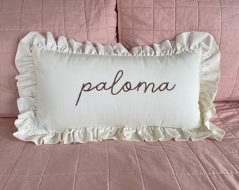 Cream Ruffle pillowcase with personalized name- hand embroidered