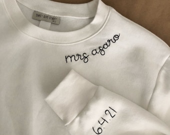 Bride Sweatshirt - Hand Embroidered White Sweatshirt- Last Name, Wedding Gift, Soon to be Bride