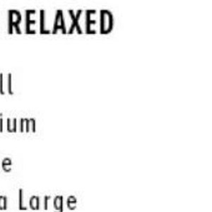 May include: Size chart for women's clothing showing sizes S, M, L, and XL with corresponding relaxed fit sizes 2-6, 6-10, 10-14, and 14-18.