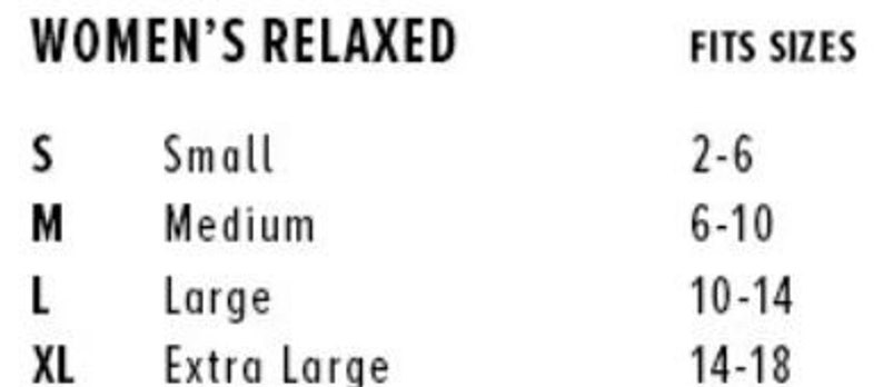 May include: Size chart for women's clothing showing sizes S, M, L, and XL with corresponding relaxed fit sizes 2-6, 6-10, 10-14, and 14-18.