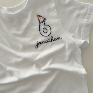 Party Hat Birthday Number tshirt with custom hand embroidery.