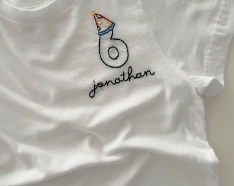 Party Hat Birthday Number tshirt with custom hand embroidery.