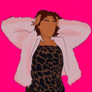May include: A woman with brown hair is wearing a pink furry jacket and a leopard print dress. She is holding her hands up to her head.