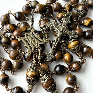 Brown Tigereye Gemstone Bead Rosary Handmade Heirloom Quality Rosary Large Rosary Catholic Gift Auspice Maria Rosary Bronze and Brown Rosary