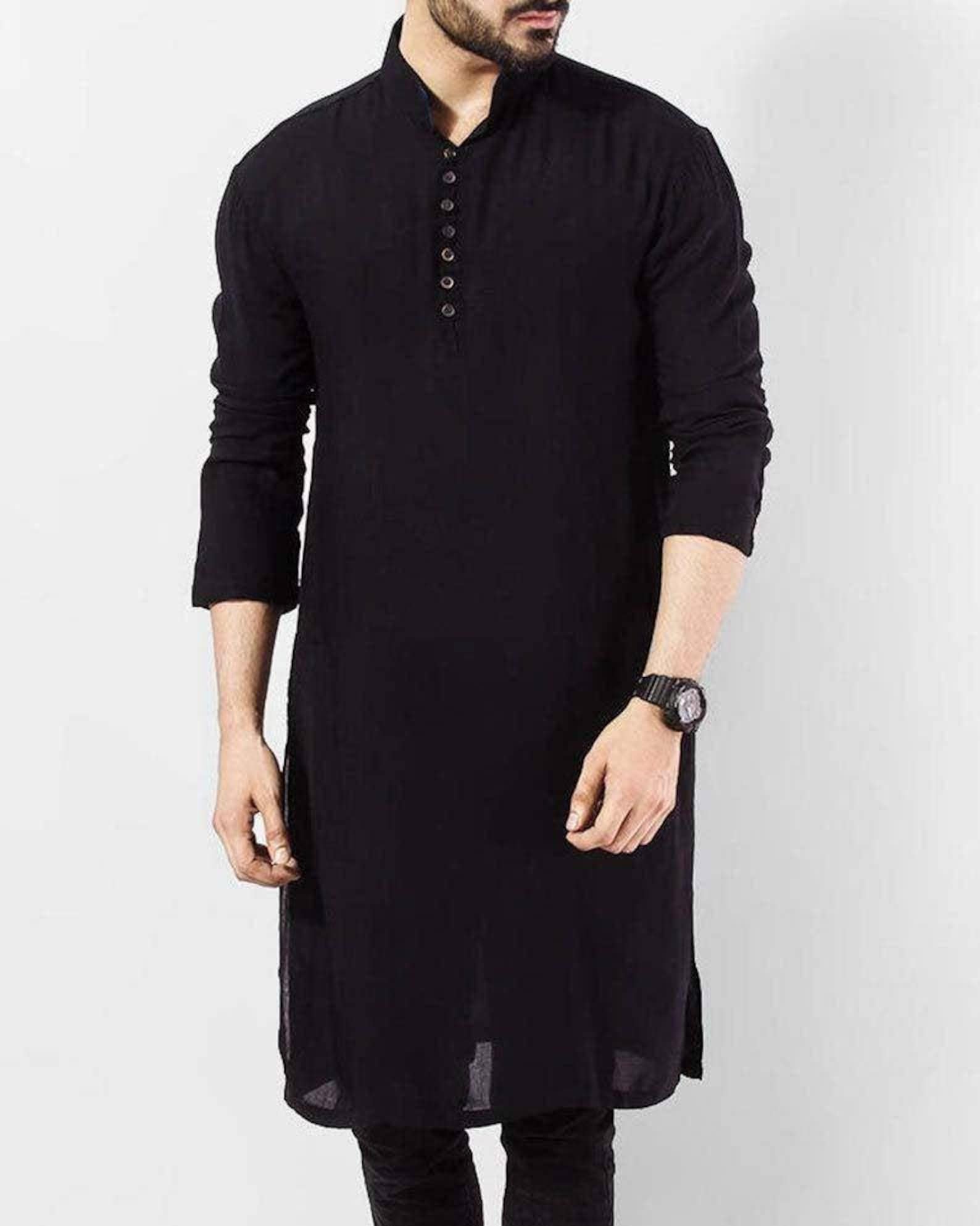 New Indian Black Color Mens Kurta Khadi 100 Cotton Solid Plus Etsy