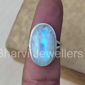 Rainbow Moonstone Sterling Silver Ring: Oval Gemstone Statement Ring