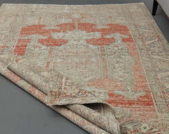 Alfombra turca de lana de 1,43 m x 2,44 m, alfombra vintage, alfombra Oushak, alfombra de 1,27 m x 2,44 m, alfombra para sala de estar, alfombra naranja y beige, alfombra de lana, decoración del hogar, alfombra de 1,27 m x 2,44 m